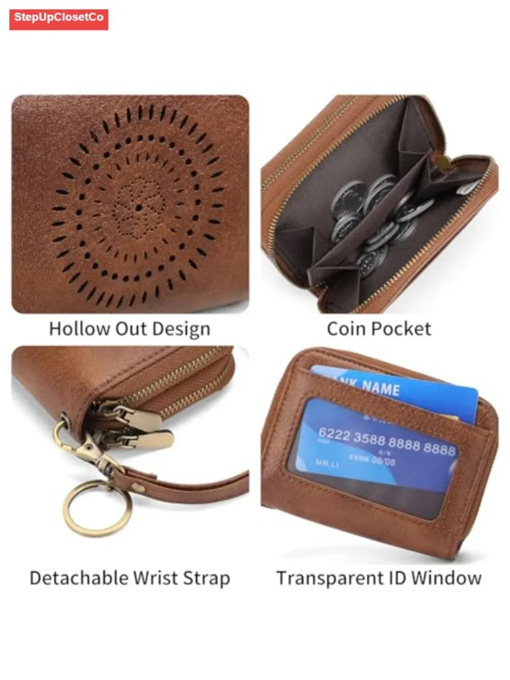 Vegan Leather RFID Blocking Double Zipper Wristlet Card Holder with ID Window